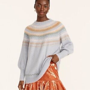 J Crew Fair Isle Yoke Puff Sleeve Sweater In Dusty Sky Peach Size Small